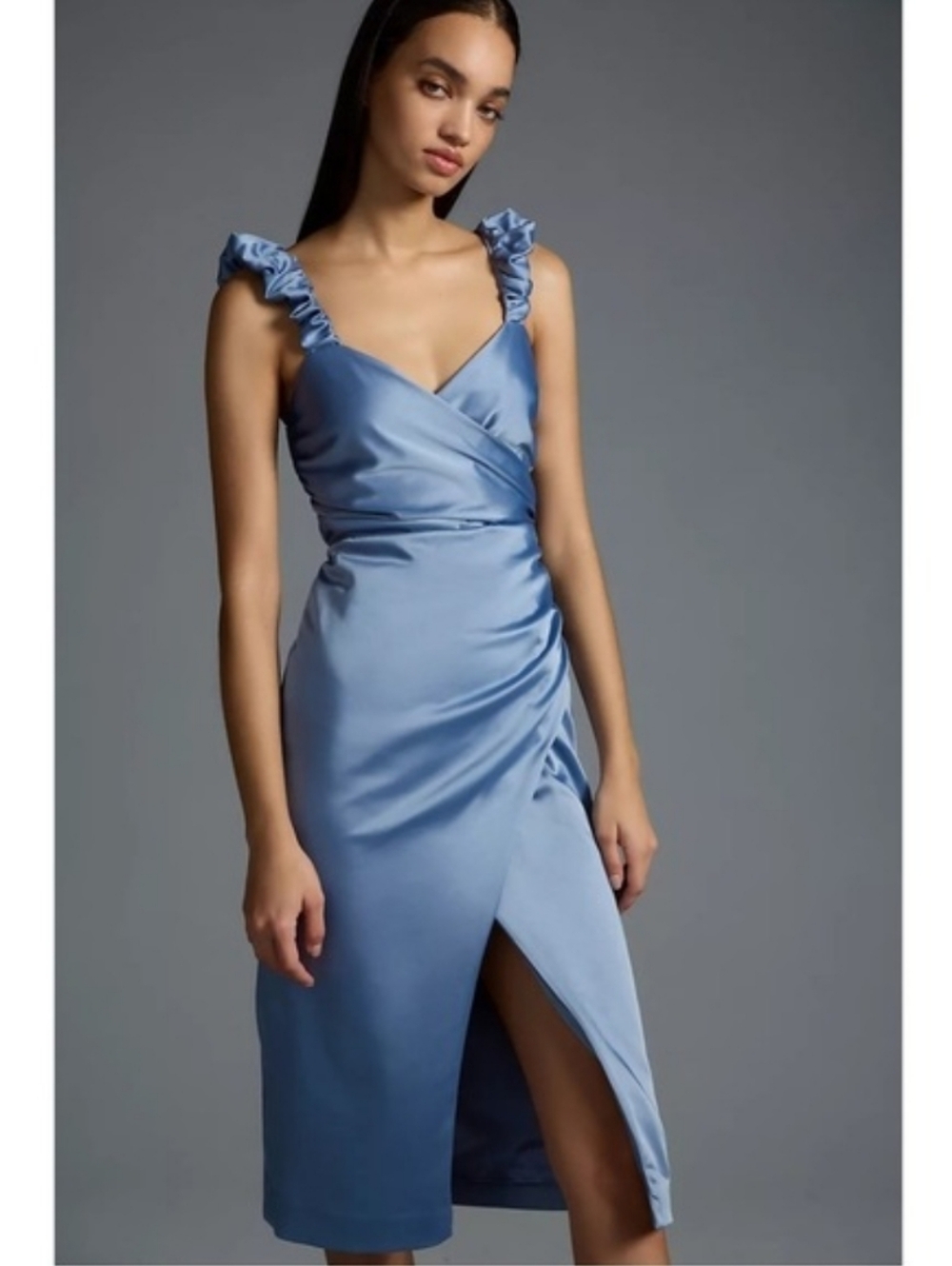 Anthropologie Slate Blue Satin Ruched Sweetheart Midi Dress Size L NWT